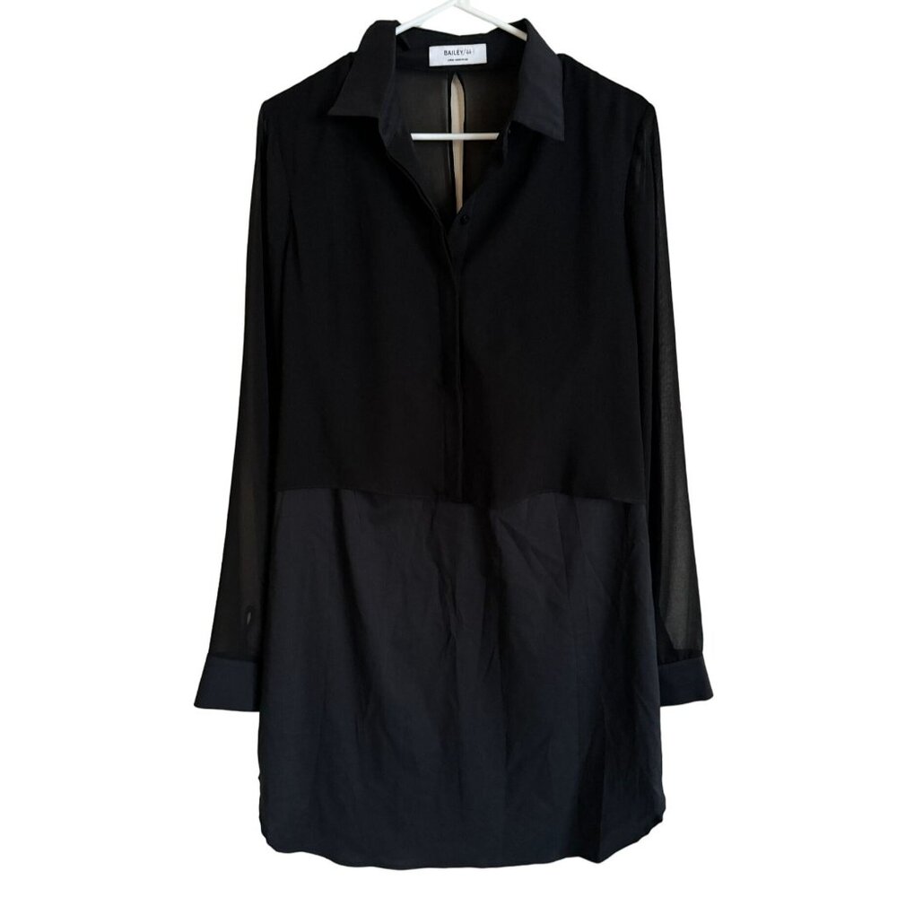 Bailey 44 Black Mixed Media Sheer Sleeve Button Down Mini Dress Large i2